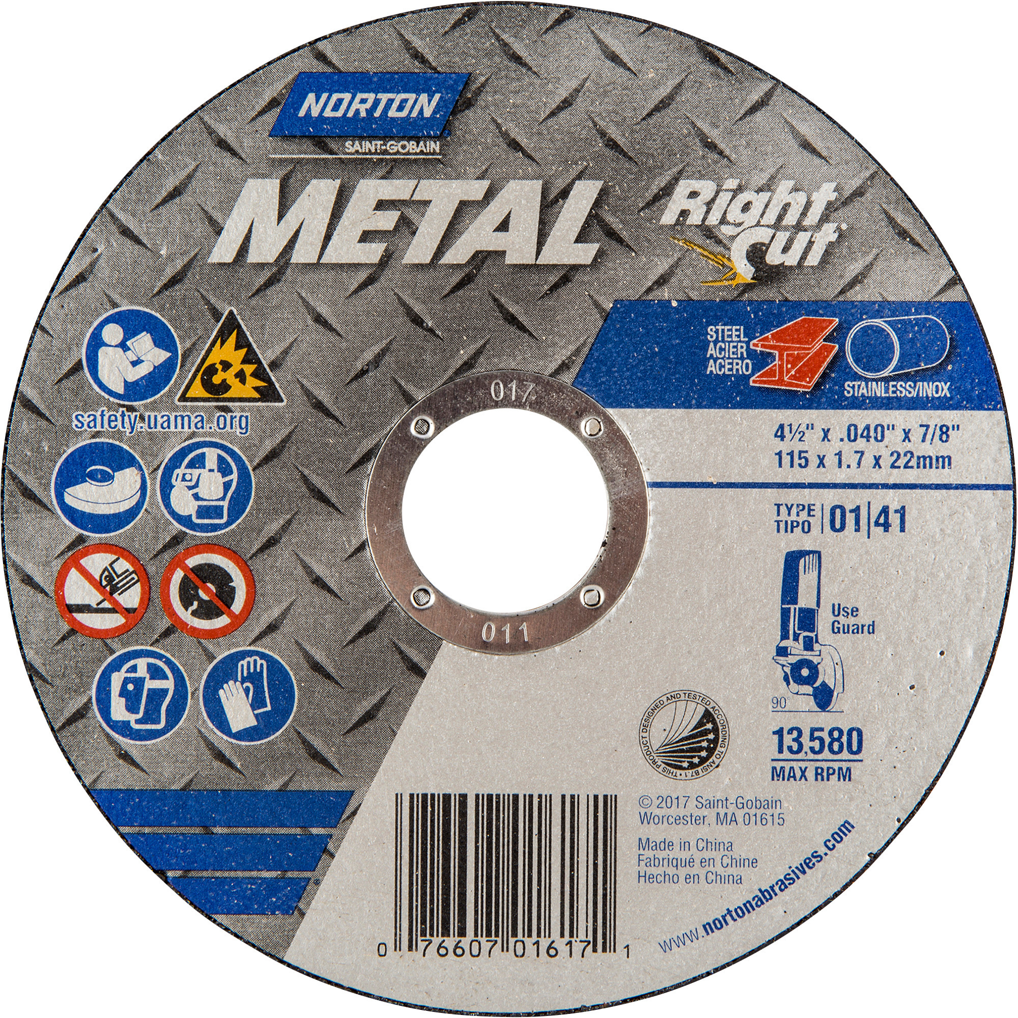 Norton Cutoff Wheel, 4.5in. Dia, 13,580 RPM, Model# 076607-01617-1